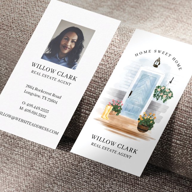 Country Watercolor Blue Door Real Anwesen Agent Visitenkarte (Von Creator hochgeladen)