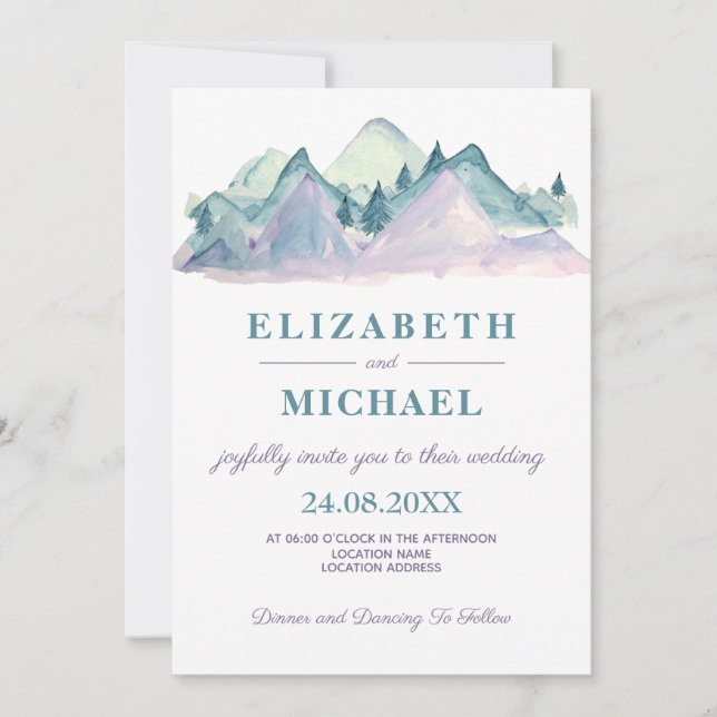 Country Watercolor Blue Mountain Foto Hochzeit Einladung (Vorderseite)