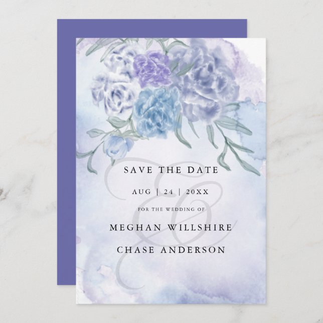 Country Watercolor Floral Dusty Blue Einladung (Vorne/Hinten)