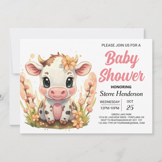 Country Watercolor Girly Cow Babydusche Einladung (Vorderseite)