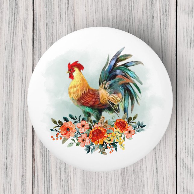 Country Watercolor Hühnerrooster Floral Bouquet Keramikknauf (Von Creator hochgeladen)