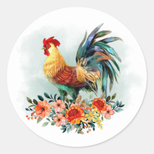 Country Watercolor Hühnerrooster Floral Bouquet Runder Aufkleber