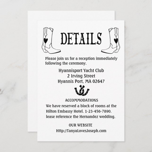 Country Wedding Details Cowboy Boots Western Black Einladung (Vorne/Hinten)