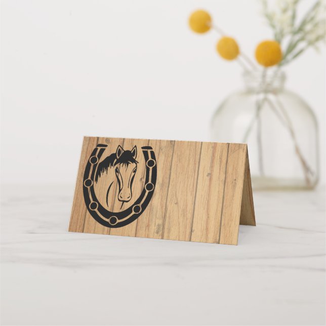 Country Wedding Horse Horseshoe Western Holz Platzkarte (Vorderseite)