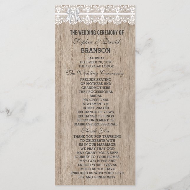 Country Wedding Lace Old Barn Wood Custom Program Programm (Vorderseite)