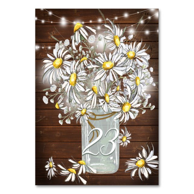 Country Wedding Mason Jar Daisies BarefootBride™ Tischnummer (Vorderseite)