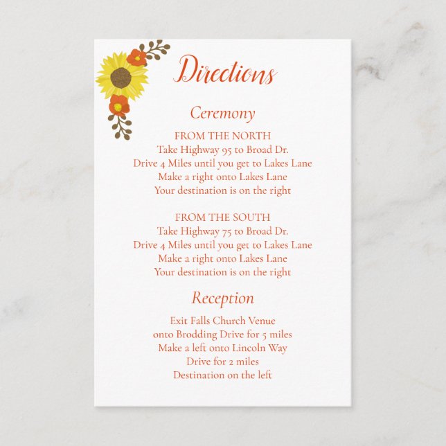 Country Wedding Sunflower Directions Begleitkarte (Vorderseite)