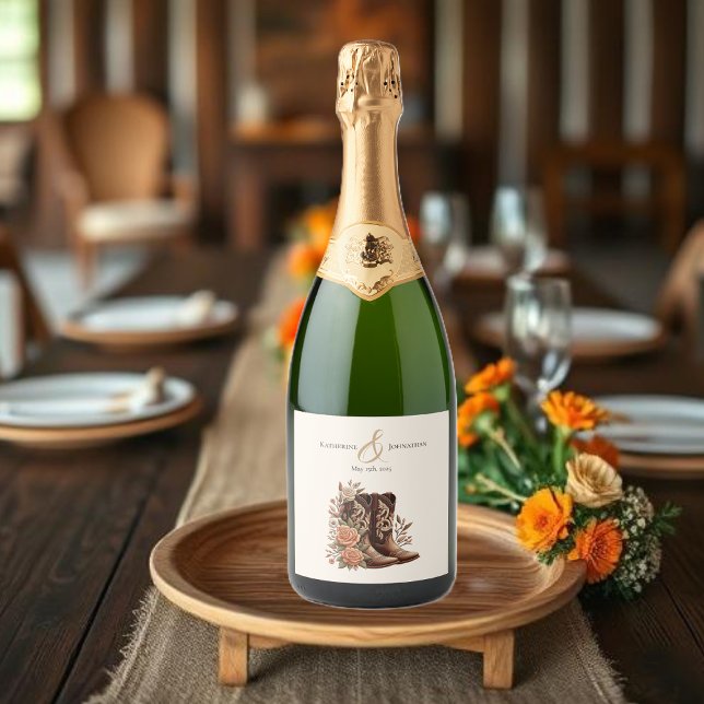 Country Western Blume mit Cowboy Boots (Country Western Flowers with Cowboy Boots Sparkling Wine Label )