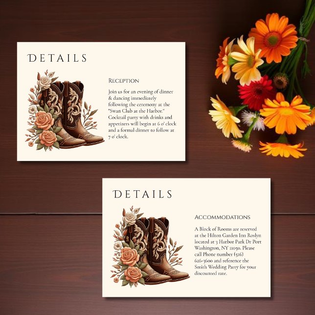 Country Western Blume mit Cowboy Boots Begleitkarte (Country Western Flowers with Cowboy Boots-Wedding Enclosure Card-Details)