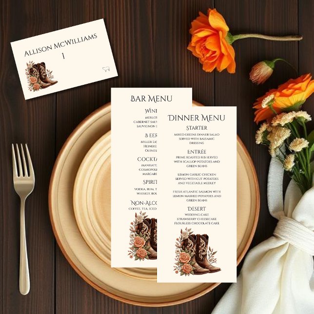 Country Western Blume mit Cowboy Boots-Fleisch Tischnummer (Country Western-Flowers with Cowboy Boots-Wedding Place Cards with Meal Icons)