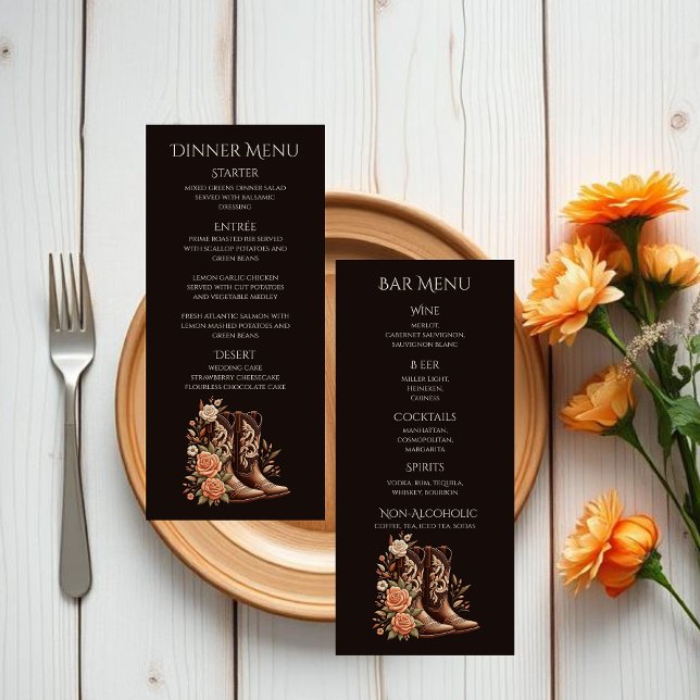 Country Western Blume mit Cowboy Boots Menükarte (Country Western-Flowers with Cowboy Boots-Wedding dinner and bar menu)