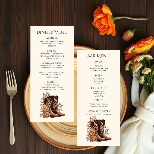 Country Western Blume mit Cowboy Boots Menükarte (Modern Country Western Wedding-Flowers With Cowboy Boots-Wedding Dinner and Bar Menu)