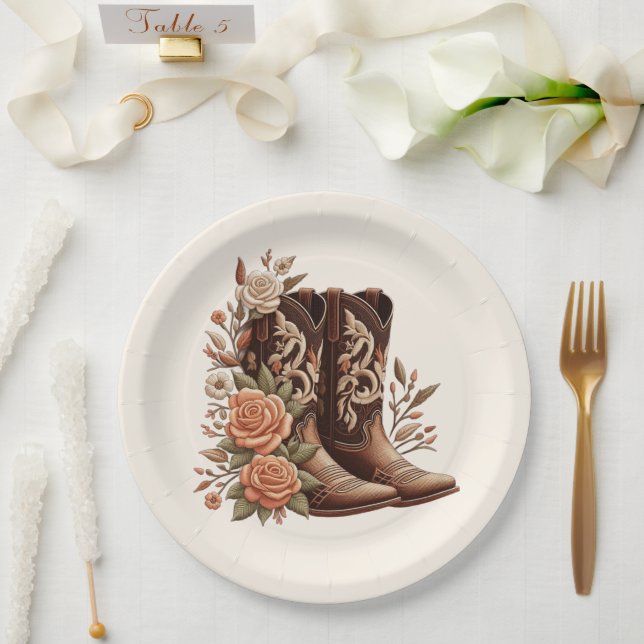 Country Western Blume mit Cowboy Boots Pappteller (Hochzeit)