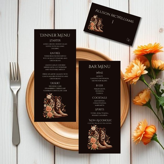 Country Western Blume mit Cowboy Boots Pork Tischnummer (Country Western-Flowers with Cowboy Boots-Wedding Place Cards with Meal Icons)