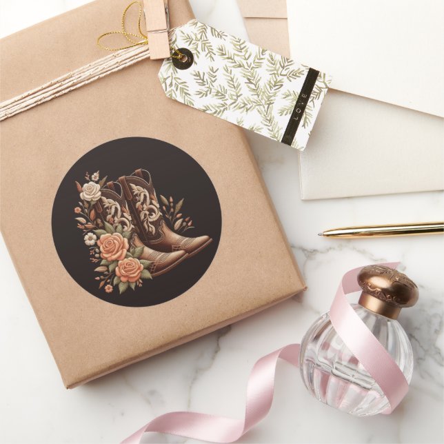 Country Western Blume mit Cowboy Boots- Runder Aufkleber (Schenken)