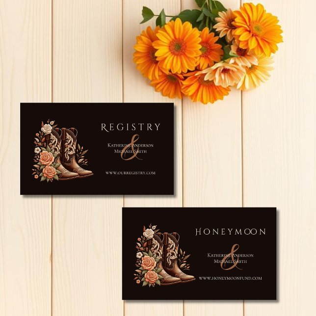 Country Western Blume mit Cowboy Boots Visitenkarte (Modern Elegant Country Western- Flowers with Cowboy Boots-Wedding Enclosure Cards-Registry and Honey)