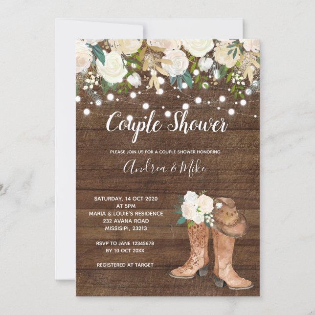 Country Western Boots Couple Dusche Einladung (Vorderseite)