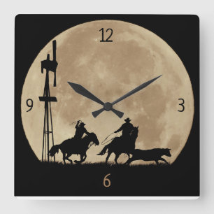 Country Western Cowboy Rustlers Moon Country West Quadratische Wanduhr