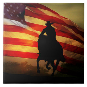 Country Western Cowboy und Pferd mit Fahne Fliese