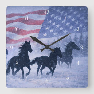 Country Western Cowboy Wilde Pferde Flagge Quadratische Wanduhr