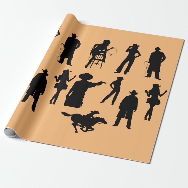 Country Western Cowboys Cowgirls Rodeo Silhouetten Geschenkpapier (Ungerollt)