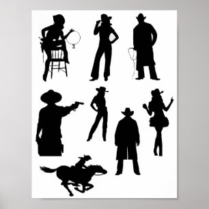 Country Western Cowboys Cowgirls Rodeo Silhouetten Poster