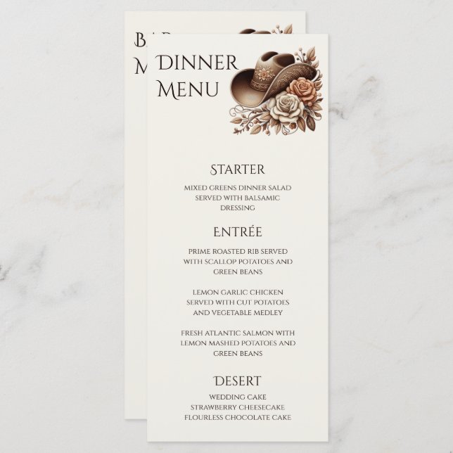 Country Western Cowgirl Hut mit Blume Menükarte (Vorne/Hinten)