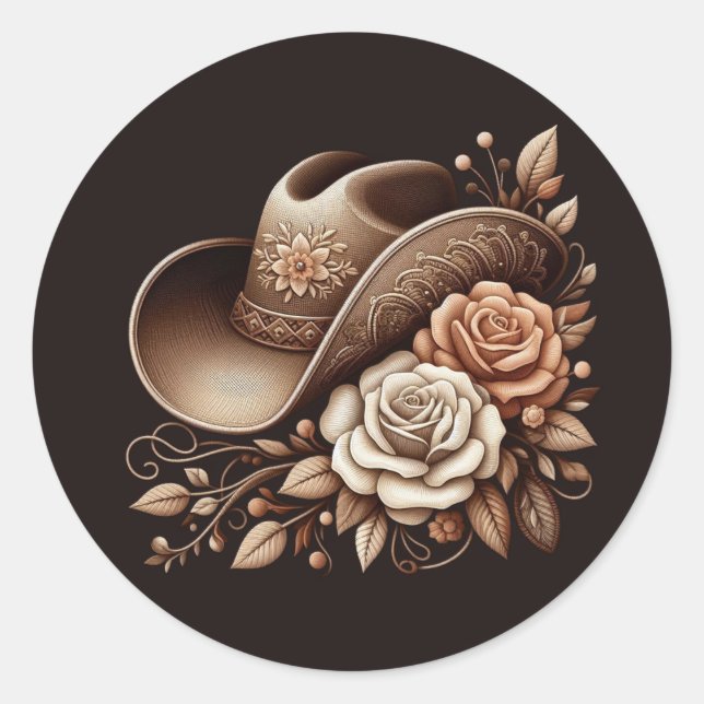 Country Western Cowgirl Hut mit Blume Runder Aufkleber (Vorderseite)