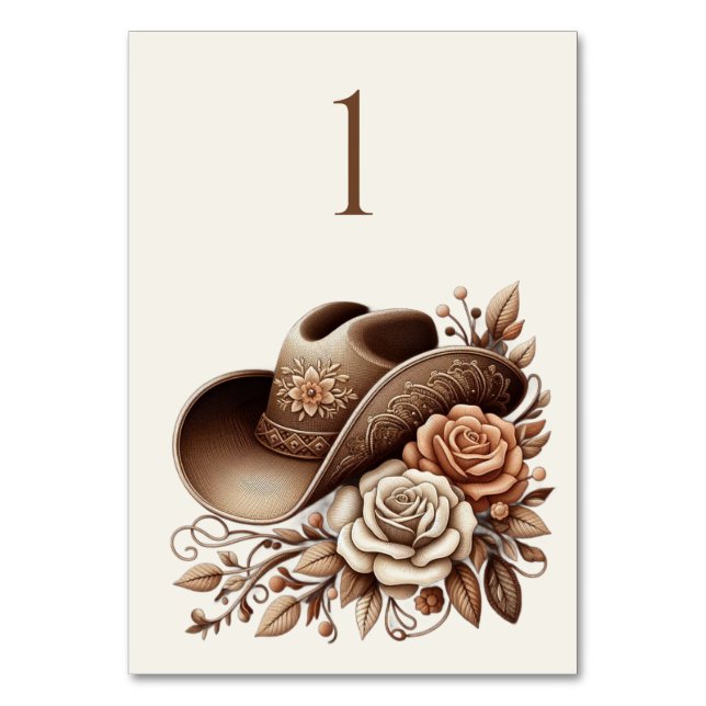 Country Western Cowgirl Hut mit Blume Tischnummer (Vorderseite)