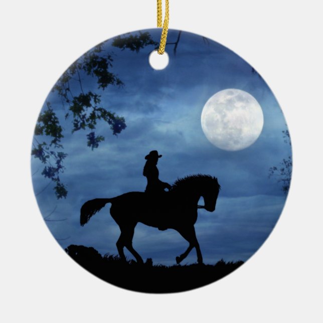 Country Western Cowgirl und Horse Vollmond Keramik Ornament (Vorne)