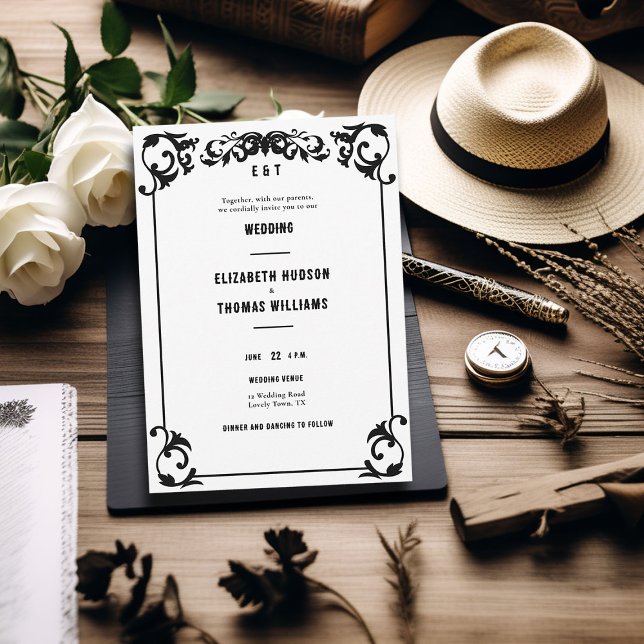 Country Western Minimaler Schwarz-weißer feierlich Einladung (country western black white wedding invitation vintage frame elegant formal rustic ranch barn classy)