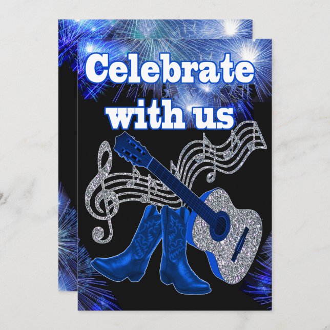 Country Western Music Blue Gitarre und Cowboy Boot Einladung (Vorne/Hinten)