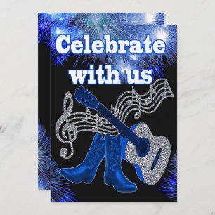 Country Western Music Blue Gitarre und Cowboy Boot Einladung