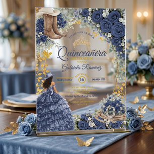 Country Western Navy Blaue Rosen Goldene Quinceañe Acryleinladungen