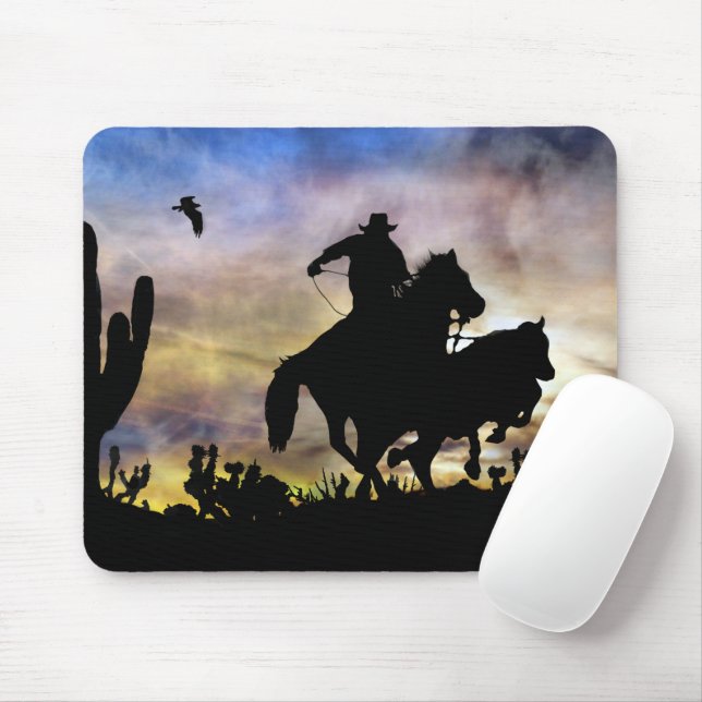 Country Western Roping Cowboy Wüstenlandschaft Mousepad (Mit Mouse)