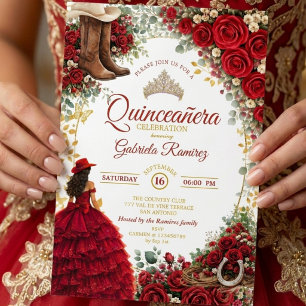 Country Western Rote Rosen Golden Quinceañera Einladung