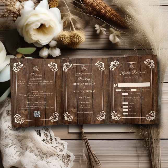 Country Western Rustic Wood Formal Dreifach Hochze Gefaltete Einladung (country western rustic wood board wedding invitation all in one formal elegant modern cowgirl ranch )