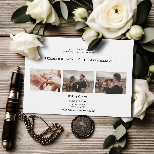 Country Western Schwarz-weiß feierliche Foto Hochz Einladung (country western black white wedding invitation vintage 3 photos frame formal elegant modern ranch)