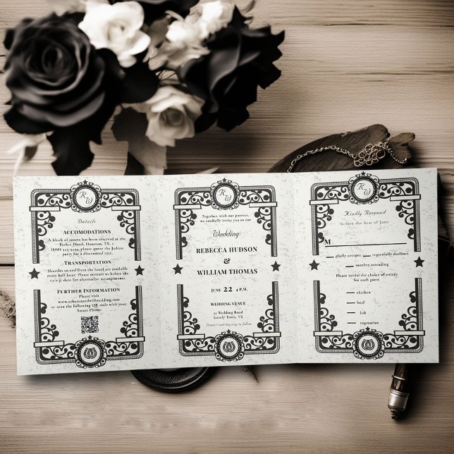 Country Western Schwarz-weiß Rustikale Dreifaltigk Dreifach Gefaltete Einladung (country western black and white wedding invitation all in one formal elegant modern cowgirl ranch)