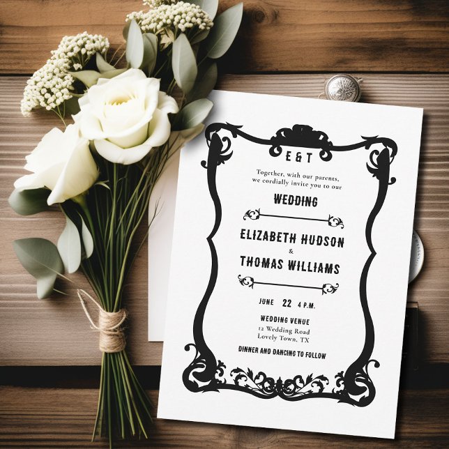 Country Western Schwarz-weißer Rahmen für feierlic Einladung (country western black and white wedding invitation vintage frame formal elegant modern ranch barn)