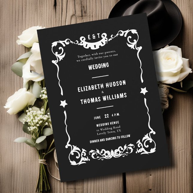 Country Western Stars Schwarz-weiße Feierliche 2 H Einladung (country western black white wedding invitation vintage frame elegant formal rustic ranch barn)