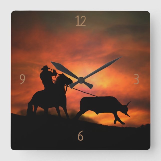Country Western Steer Roping Long Horn Cowboy Quadratische Wanduhr (Vorderseite)