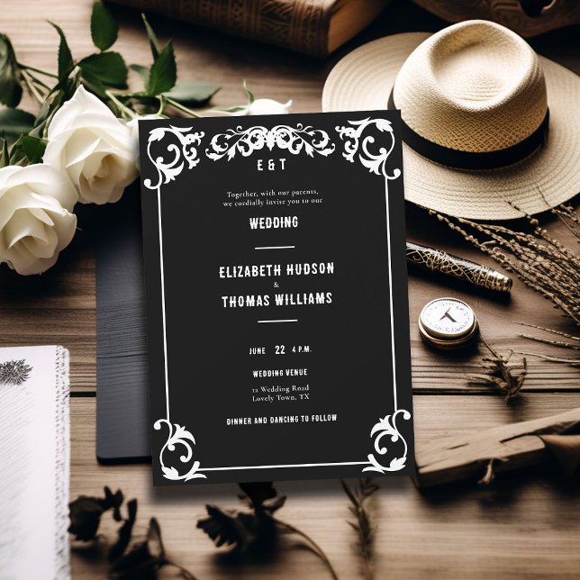 Country Western Vintage Schwarz-weiße feierliche H Einladung (country western black white wedding invitation elegant vintage frame formal rustic ranch barn classy)