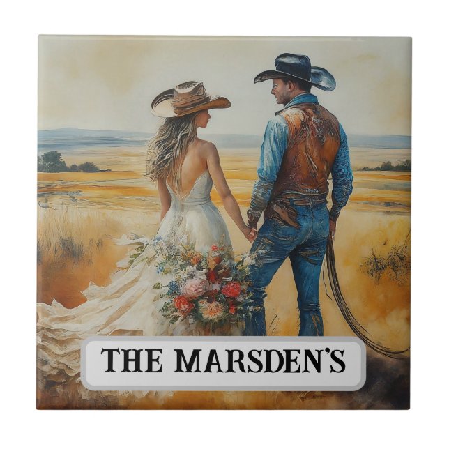 Country Western Wedding Watercolor Fliese (Vorderseite)