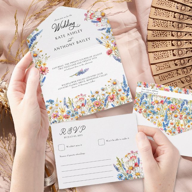 Country Wildblume farbenfrohe blumenreiche Hochzei All In One Einladung (All in One Wedding Invitation with RSVP from Country Wildflower Wedding Collection by Darling & May)