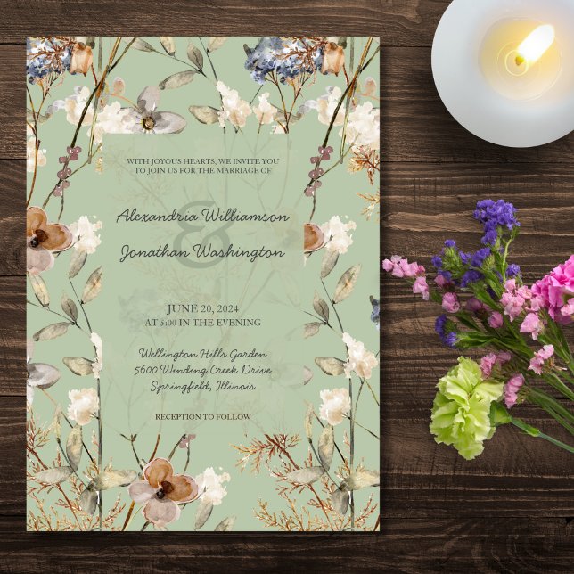 Country Wildblumen auf Sage Green Wedding Einladung (Von Creator hochgeladen)