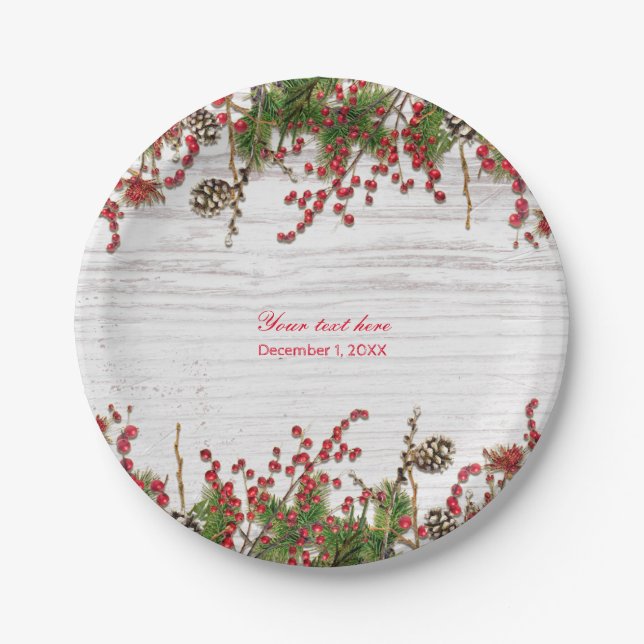 Country Winter Holiday Berries & Pine Cone Wedding Pappteller (Vorderseite)