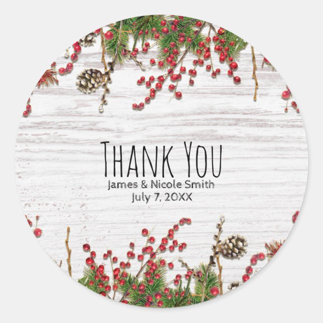 Country Winter Holiday Berries & Pine Cone Wedding Runder Aufkleber (Vorderseite)
