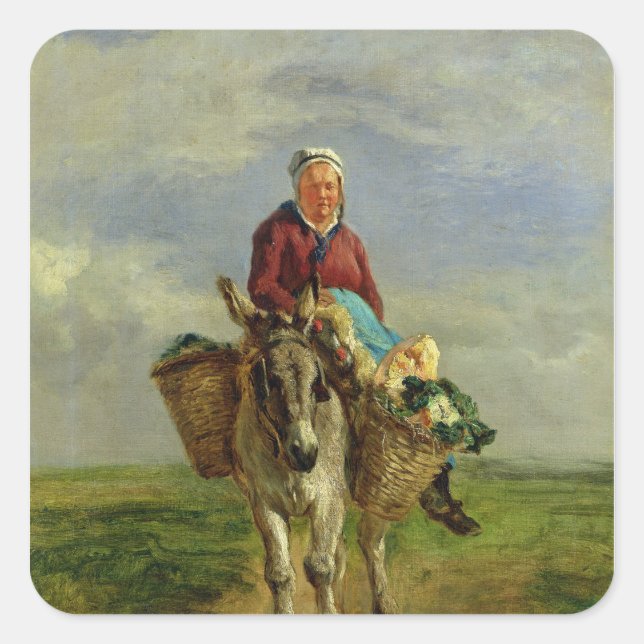 Country Woman Riding a Donkey Quadratischer Aufkleber (Vorderseite)