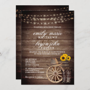 Country Wood Barrel Hochzeit mit Sonnenblumen Einladung